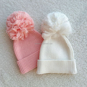 Pasgeboren Accessoires Gebreide Set Strik Beanie Sokken Baby Hoofddeksels Pom-Pom Dubbele Geribbelde Gebreide Muts Geboorte Aankondiging Outfit - Product Image 4