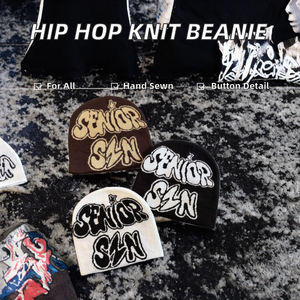 Bonnet pull unisexe en tricot jacquard à lettres, style hip-hop, en spandex/coton, avec boutons, pour l'automne et l'hiver, 48-50 cm, pour le froid, nouvelle collection européenne et américaine - Product Image 2