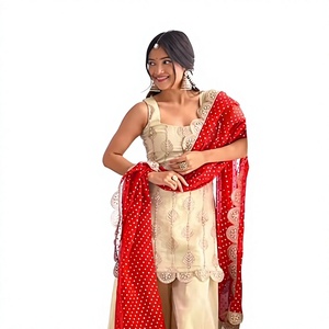 <b>Women</b> Traditional Cream Embroidered <b>Kurta</b> Set With Red Polka Dot Dupatta For Wedding India Pakistan Style - Product Image 1