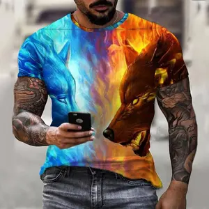 Kaus Pria Kasual Lengan Pendek Leher Bulat Kaus Warna-warni Gambar Hewan 3D Baju Kaus Jalanan Atasan