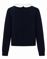 Maßgeschneiderte Damen-Strickjacke mit Peter-Pan-Kragen, Strass- und Perlenverzierung, Knopfleiste vorne, Marineblau, Langarm, ODM-Service