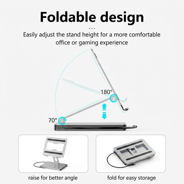 10 in 1 Foldable Laptop Stand with USB C Hub Multiport Type C Docking Station Adapter Ethernet SD TF Card Reader