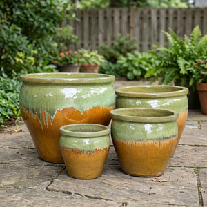 Ensemble de pots de fleurs modernes en céramique émaillée pour l'extérieur, jardinières circulaires robustes, finition goutte à goutte vert-brun, pour usage en jardin - Product Image 1