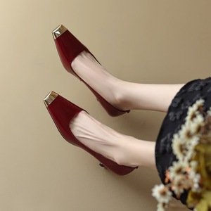 Genuine Leather Burgundy Solid Elegant Ladies High <strong>Heels</strong> 2024 Spring Autumn New <strong>Metal</strong> Square-toe Low Stiletto <strong>Heel</strong> Slip-On <strong>Shoes</strong> - Product Image 2