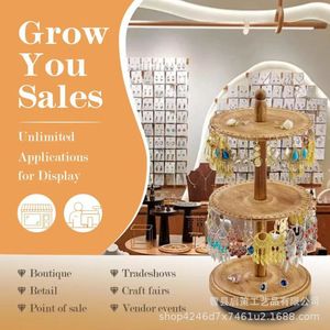 Wooden Rotating Jewelry Display Rack 2 Tier <b>Desktop</b> Storage For Earrings And Drop Jewelry Organizers - Product Image 1