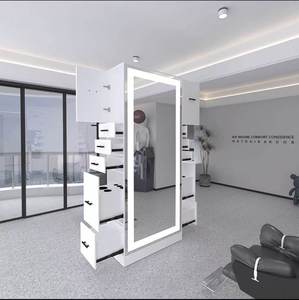 Mueble de Estación de Peluquería, Diseño Moderno en Acero Inoxidable, Ecológico y Duradero, Espejo LED de Doble Cara con Almacenamiento - Product Image 4