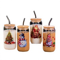 Mug à café en borosilicate de Noël en gros avec couvercle en bambou et paille – Cadeau de café pour les fêtes, sans plomb, sans BPA, compatible micro-ondes