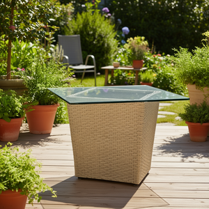 Beige Rattan Outdoor Tea <b>Table</b> With <b>Glass</b> <b>Top</b> Contemporary Design For Patio <b>Garden</b> Use - Product Image 2