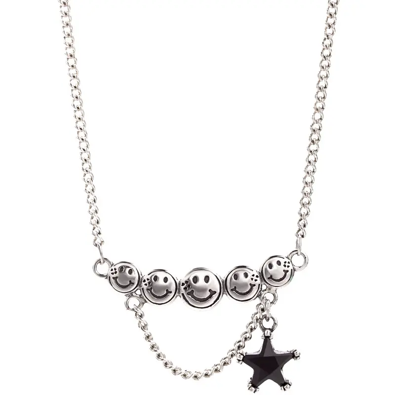 ANENJERY Vintage Jewelry Smiling Face Star Thai Silver Necklace For Women Men Gifts
