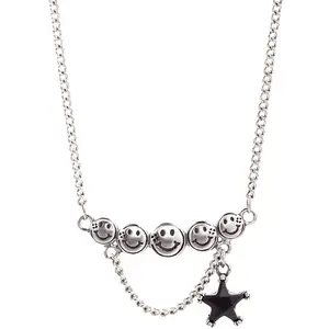 ANENJERY Vintage Jewelry Smiling Face Star Thai Silver Necklace for Women Men Gifts