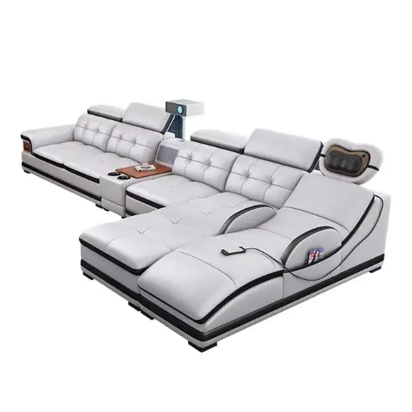 Sofá elétrico moderno do couro da massagem minimalista para o sofá multifuncional do couro do canto da camada superior