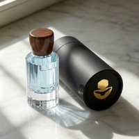 Venta al por Mayor de Botellas de Perfume de Vidrio Transparente de Alta Calidad de 50 ml y 100 ml con Tapas de Madera y Caja Redonda
