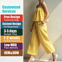 Ensemble deux pièces sans bretelles en coton et lin, style européen et américain, pantalon large et décontracté, respirant, OEM & ODM