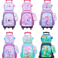 Sac à dos scolaire en polyester pour enfants, motif dessin animé, avec roulettes détachables et bandoulière incurvée, vente en gros usine