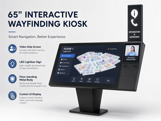 65 Inch Floor Standing Interactive Wayfinding Kiosk Touch Screen Directory Terminal with Video Help Screen and LED Lightbox