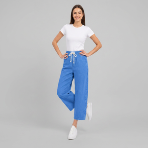 Women's All-Weather Knitted Denim Baggy <b>Trouser</b> <b>Draw</b> <b>String</b> Comfortable Loose Pattern Mid Waist Travel-Friendly Logo on Right - Product Image 1