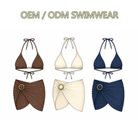 Conjunto de Bikini Triangular con Tirantes de Anillas Metálicas y Tela Reciclada, Pareo Drapeado, Falda de Playa, Traje de Baño