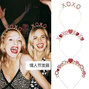 Xoxo Metal Red Heart Rhinestone Headband Crown For Valentine'S Day Party Gift