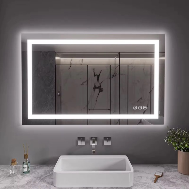 Modern Waterproof IP44 Illuminated Rectangle Dimmable Smart Led Hotel Bathroom Mirror with Touch Switch