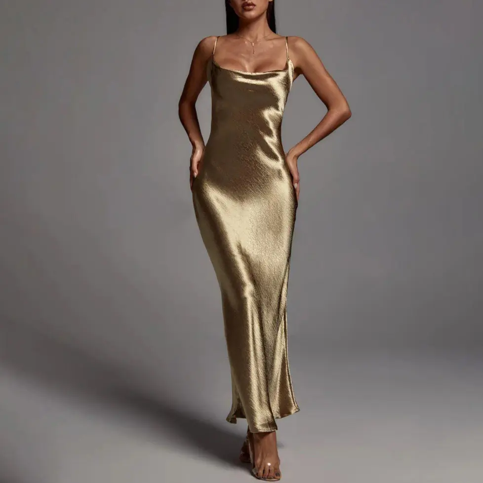 Phụ Nữ Mới Phong Cách Thiết Kế Phụ Nữ Prom Spaghetti Dây Đeo Ăn Mặc Vàng Backless Sexy Đêm Maxi Dress