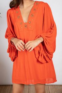 Customized Summer Season Embellished Neck Iconic Shift <b>Dress</b> With Balloon Sleeves & Separate Belt - Product Image 4