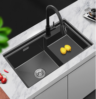 Évier de cuisine Double bol moderne, multifonctions, fait à la main en acier inoxydable, égouttoir en verre pour les éviers de cuisine, 1 pièce
