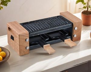 Mini-<span class=keywords><strong>raclette</strong></span> électrique avec poignée en bois, surface antiadhésive, collecteur d'huile amovible, contrôle mécanique de la température pour - Product Image 6