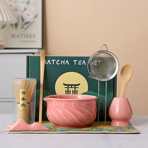 Ensemble de thé matcha japonais personnalisé avec logo, bol en céramique avec bec verseur, fouet en bambou (Chasen), support Chashaku, tamis pour cérémonie du thé, cadeau - Product Image 1