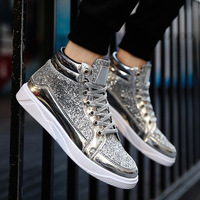 Baskets montantes rétro pour hommes, grande taille 48, en cuir doré brillant de qualité, chaussures de course tendance, antidérapantes pour le printemps