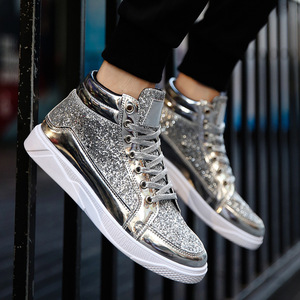 Baskets montantes rétro pour hommes, grande taille 48, en cuir doré brillant de qualité, chaussures de course tendance, antidérapantes pour le printemps - Product Image 4