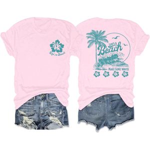 เสื้อยืดชายหาดฮาวายสำหรับผู้หญิง FOXA สีชมพู ผ้าฝ้าย ลายต้นปาล์มและดอกชบา เหมาะสำหรับวันหยุดฤดูร้อน - Product Image 1