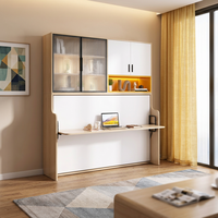 Lit Murphy à double paroi au design moderne avec bureau rabattable horizontalement, meuble en bois peu encombrant, option économique