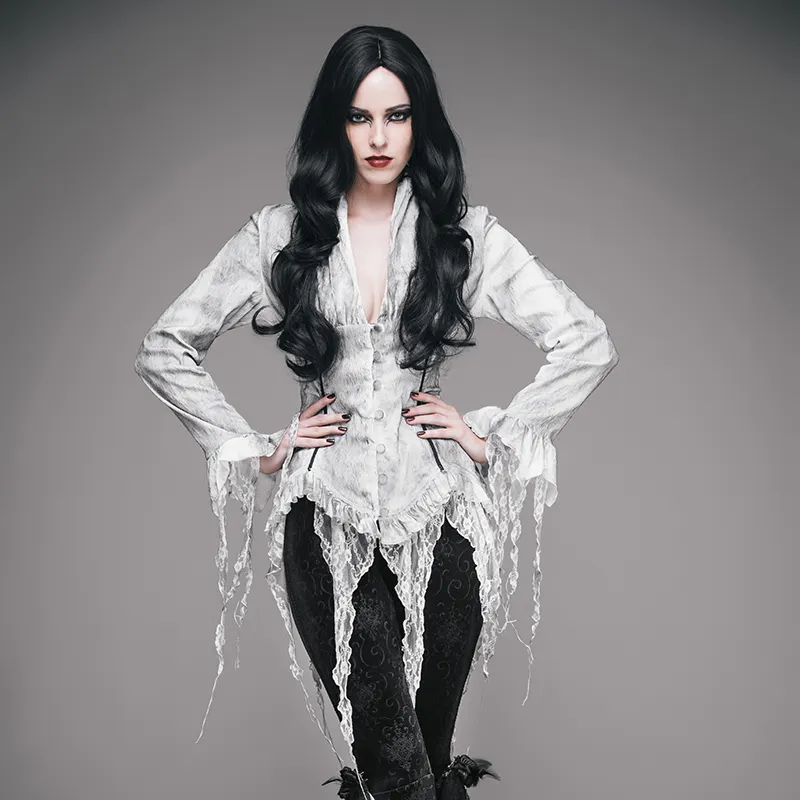 ESHT002 Eva lady brand steampunk hand painted white gothic women blouse with lace tassels