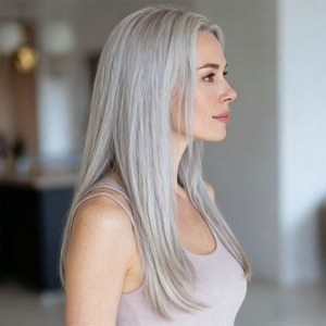Nouvelle perruque en fibre chimique naturelle douce, cheveux longs et raides gris de 26 pouces, style Words Temperament. SM014 - Product Image 2