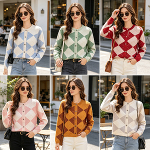 Cardigan en tricot à carreaux anti-plis pour <span class=keywords><strong>femme</strong></span>, col rond, boutonné, coupe ample, manches longues, style preppy pour le printemps et l'automne - Product Image 2