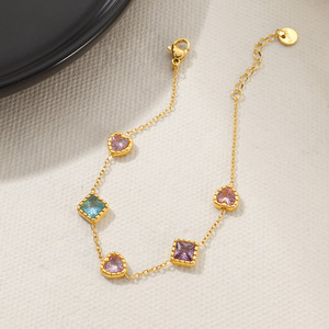 Heart <b>Charm</b> Women's Trendy <b>Bangles</b> Cubic Zirconia Chain 14K Gold PVD Stainless Steel Colorful CZ Perfect Christmas Gift - Product Image 3