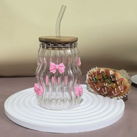 Niedlicher Rosa Schleifenmuster-Glasbecher mit Großem Bauch, Saugrohr-Becher mit Deckel und Strohhalm für Kalte Getränke, Milchtee-Becher für Kinder