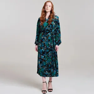 Robe Maxi à manches longues, vêtements pour femmes, personnalisés, ceinture florale, décontractée, robe portefeuille