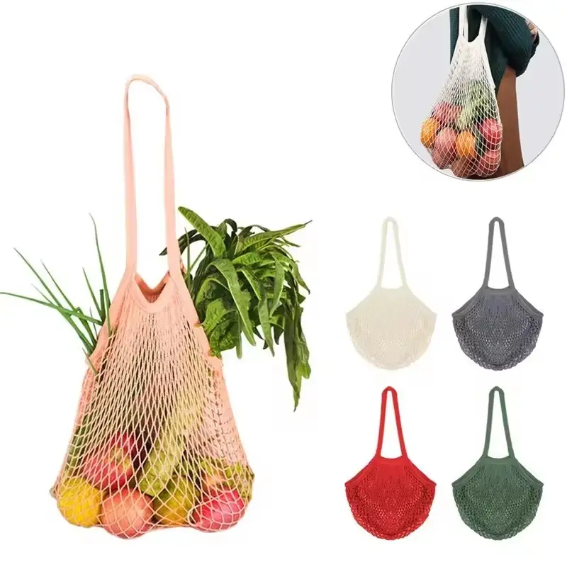 ロングハンドルネットショルダーフルーツトートコットンストリングは、果物と野菜用の巾着付きショッピング食料品メッシュバッグを生産します