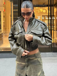ZEVITY 2026 <strong>Women</strong> Faux Leather Spring Autumn Short Cropped Vintage Bomber <strong>Jacket</strong> with Pockets Long Sleeve Zipper Closure PU Tops - Product Image 2