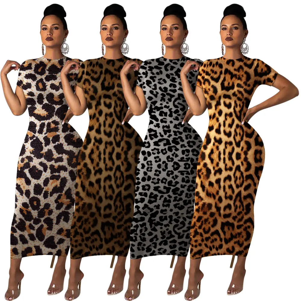 RTS kadınlar yaz kısa kollu klasikleri elbise Bodycon Maxi uzun leopar kaplan elbiseler