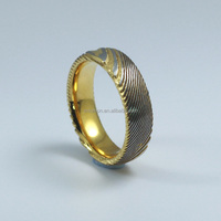 Bague de mariage moderne unisexe pour enfants Lumon RTSS06 en acier Damas plaqué or 18 carats bicolore 6 mm, finition mate, option gravure