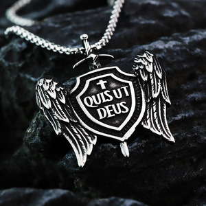 Collier pendentif bouclier en acier inoxydable avec ailes et épée Quis Ut Deus, bijoux de mode pour hommes, cadeau - Product Image 2