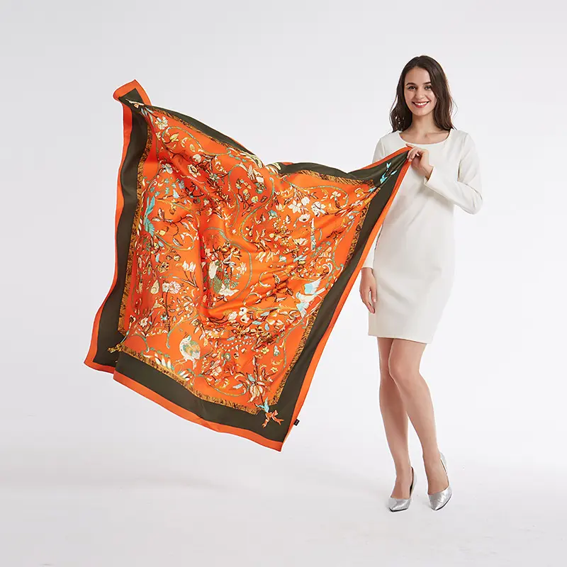 Écharpe carrée en soie sergé femmes 5 couleurs motif en soie véritable Mode Fleur et Oiseau écharpe en soie