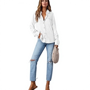 Camisa Blanca de Algodón para Mujer, con Botones, Manga Larga, Color Sólido, Cuello Clásico, Corte Holgado, para Todas las Temporadas, Estilo Casual - Product Image 1