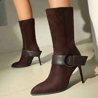 Bottines en daim pour femme, grande taille 46, à boucle, talons hauts fins, bout pointu, fermeture éclair latérale, style stiletto pour soirée