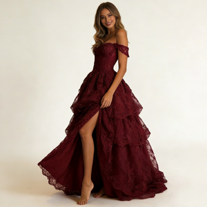 Robes de soirée élégantes pour femmes, en dentelle bordeaux, épaules <span class=keywords><strong>d</strong></span>énudées, jupe à volants à plusieurs niveaux, fente haute, maxi, pour gala, mariage - Product Image 5