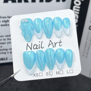 Nouveau produit lancé, <span class=keywords><strong>Ongles</strong></span> artificiels faits main en argent et aquamarine œil de chat, motif Océan Bleu irrégulier, pur artisanat - Product Image 6