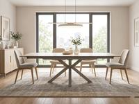 Table à manger extensible élégante finition beige avec pieds croisés en métal élégants pour la salle à manger