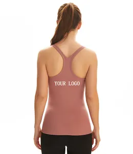 Pink Gym Singlet V Back Neck Women Fitted Yoga Tank Tops Built in Bra for Girls Sleeveless Womens Sport Racer Back Slimming Vest